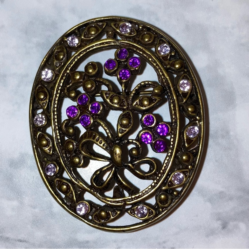 Vintage Brooch Purple Gold Floral Art Deco Summer Prom Feminine Cocktail Jewelry